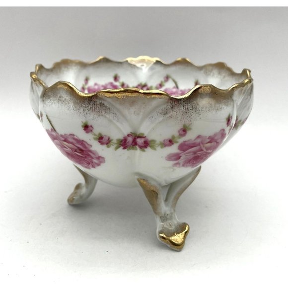 Antique Bridal Rose 3 Legged Center Bowl Gold Accents - Picture 5 of 6